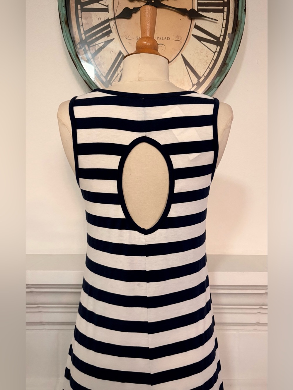 Striped Sleeveless Dress with Keyhole Back - White & Navy